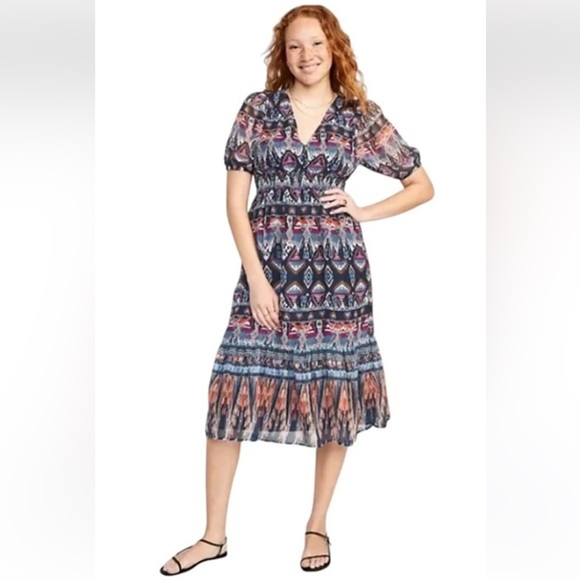 Old Navy Dresses & Skirts - Boho Old Navy Waist-Defined V-Neck Midi Dress Blue Aztec Geometric Print
